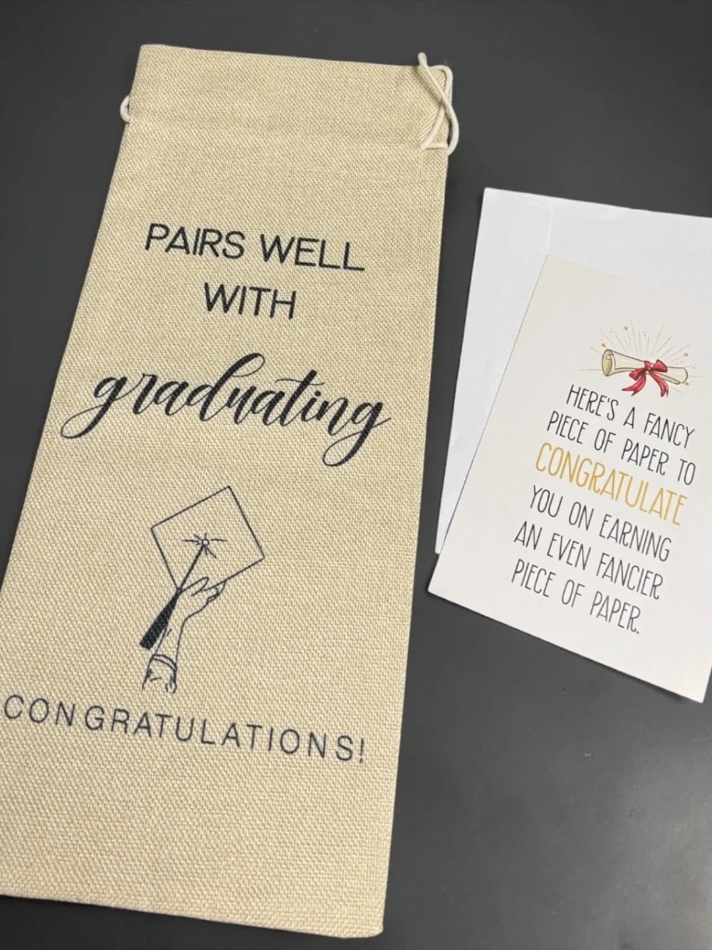 Graduation Linen Wine Bag Gift Set w Card & Envelope NIP